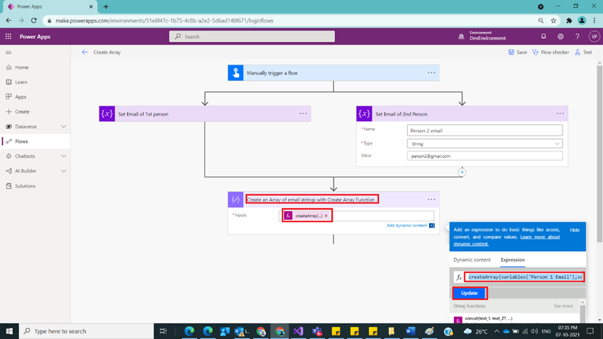 Usage of Create Array Function in Power Automate